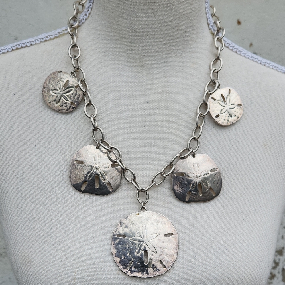 Silver Sand Dollar Pendant Necklace with Chunky Chain